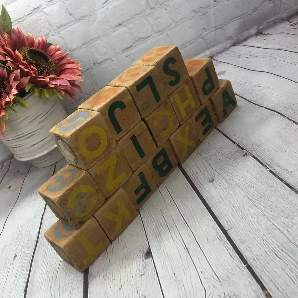 vtg 17 wooden blocks nursery decor playroom classroom cottagecore rustic